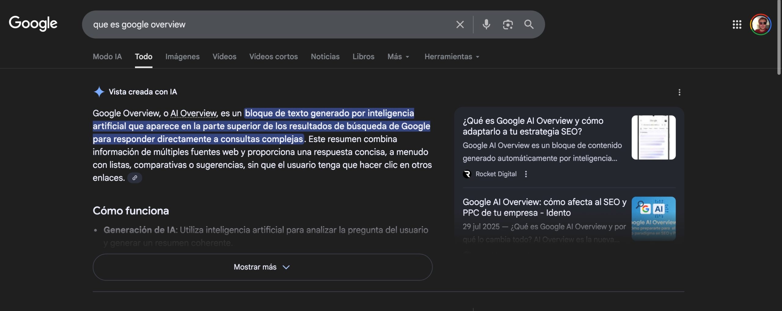 Captura de pantalla de Google mostrando un resumen generado por inteligencia artificial en la parte superior de los resultados de búsqueda, ilustrando el funcionamiento de AI Overviews y su impacto en el tráfico web.