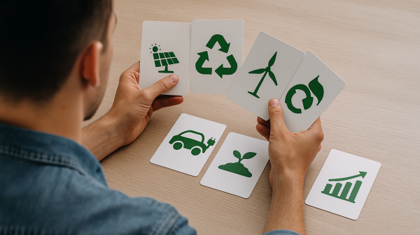 Persona observando cartas con símbolos de energía solar, reciclaje, agricultura y finanzas sostenibles, representando decisiones de emprendimiento verde.