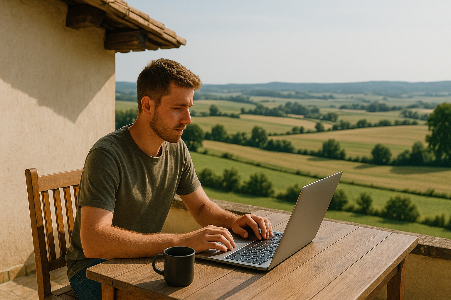 Persona joven trabajando con su portátil en la terraza de una casa rural moderna, con vistas a un paisaje natural, representando el auge del emprendimiento fuera de las ciudades.