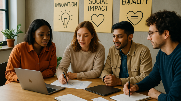 Grupo diverso de personas colaborando en un espacio de trabajo moderno, desarrollando un proyecto de innovación social orientado al impacto sostenible.