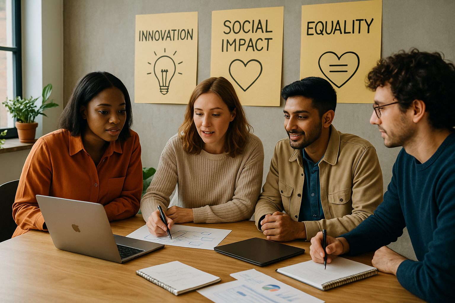 Grupo diverso de personas colaborando en un espacio de trabajo moderno, desarrollando un proyecto de innovación social orientado al impacto sostenible.