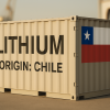 Caja metálica con etiqueta “Lithium – Origin: Chile” y la bandera chilena en un puerto industrial moderno, simbolizando la exportación e innovación tecnológica del país.