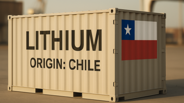 Caja metálica con etiqueta “Lithium – Origin: Chile” y la bandera chilena en un puerto industrial moderno, simbolizando la exportación e innovación tecnológica del país.
