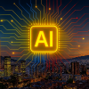 Ilustración digital de Bogotá y Medellín interconectadas por circuitos luminosos en amarillo, azul y rojo, simbolizando el liderazgo de Colombia en inteligencia artificial e innovación tecnológica.