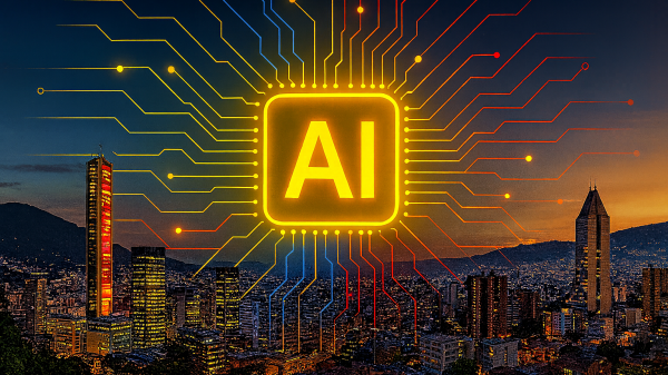 Ilustración digital de Bogotá y Medellín interconectadas por circuitos luminosos en amarillo, azul y rojo, simbolizando el liderazgo de Colombia en inteligencia artificial e innovación tecnológica.