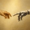 Ilustración digital inspirada en “La creación de Adán”, donde una mano humana y una robótica se acercan sobre un fondo luminoso, simbolizando la unión entre humanidad y tecnología en el futuro del emprendimiento.