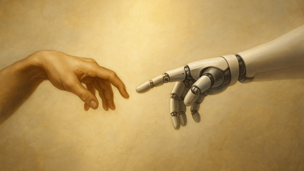 Ilustración digital inspirada en “La creación de Adán”, donde una mano humana y una robótica se acercan sobre un fondo luminoso, simbolizando la unión entre humanidad y tecnología en el futuro del emprendimiento.