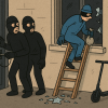 Ilustración editorial: tres ladrones vestidos de negro intentan forzar una puerta con un gadget moderno mientras observan sorprendidos a otro ladrón, vestido de azul, que desciende por una escalera con una bolsa en la mano. Inspirada en el robo del Louvre de 2025, representa la importancia de la ejecución simple frente a la planificación excesiva.