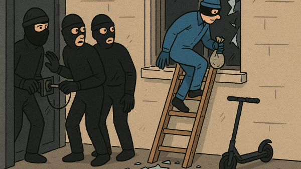 Ilustración editorial: tres ladrones vestidos de negro intentan forzar una puerta con un gadget moderno mientras observan sorprendidos a otro ladrón, vestido de azul, que desciende por una escalera con una bolsa en la mano. Inspirada en el robo del Louvre de 2025, representa la importancia de la ejecución simple frente a la planificación excesiva.