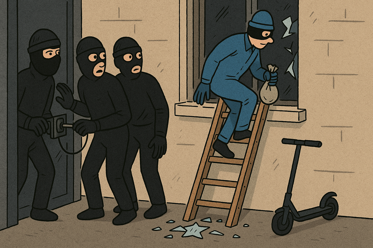 Ilustración editorial: tres ladrones vestidos de negro intentan forzar una puerta con un gadget moderno mientras observan sorprendidos a otro ladrón, vestido de azul, que desciende por una escalera con una bolsa en la mano. Inspirada en el robo del Louvre de 2025, representa la importancia de la ejecución simple frente a la planificación excesiva.