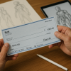 Fotografía conceptual que muestra las manos de un artista sosteniendo un cheque de 1.000 dólares emitido por OpenAI en concepto de royalties por la reproducción de su obra. En el fondo se aprecian bocetos conceptuales y un iPad con un diseño en progreso. La imagen simboliza el nuevo modelo de compensación creativa en la era de la inteligencia artificial.