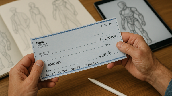 Fotografía conceptual que muestra las manos de un artista sosteniendo un cheque de 1.000 dólares emitido por OpenAI en concepto de royalties por la reproducción de su obra. En el fondo se aprecian bocetos conceptuales y un iPad con un diseño en progreso. La imagen simboliza el nuevo modelo de compensación creativa en la era de la inteligencia artificial.