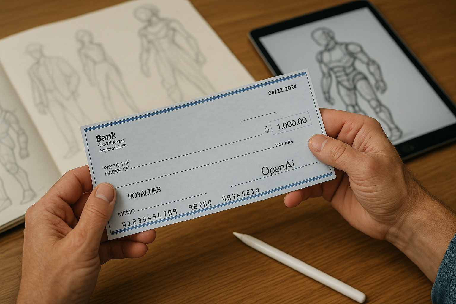 Fotografía conceptual que muestra las manos de un artista sosteniendo un cheque de 1.000 dólares emitido por OpenAI en concepto de royalties por la reproducción de su obra. En el fondo se aprecian bocetos conceptuales y un iPad con un diseño en progreso. La imagen simboliza el nuevo modelo de compensación creativa en la era de la inteligencia artificial.