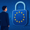 Ilustración de un empresario observando un candado digital con la bandera de la Unión Europea, símbolo del cumplimiento y la confianza digital bajo las normativas NIS2 y DORA.