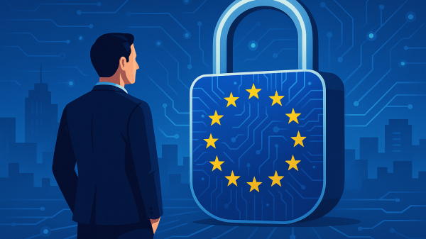 Ilustración de un empresario observando un candado digital con la bandera de la Unión Europea, símbolo del cumplimiento y la confianza digital bajo las normativas NIS2 y DORA.