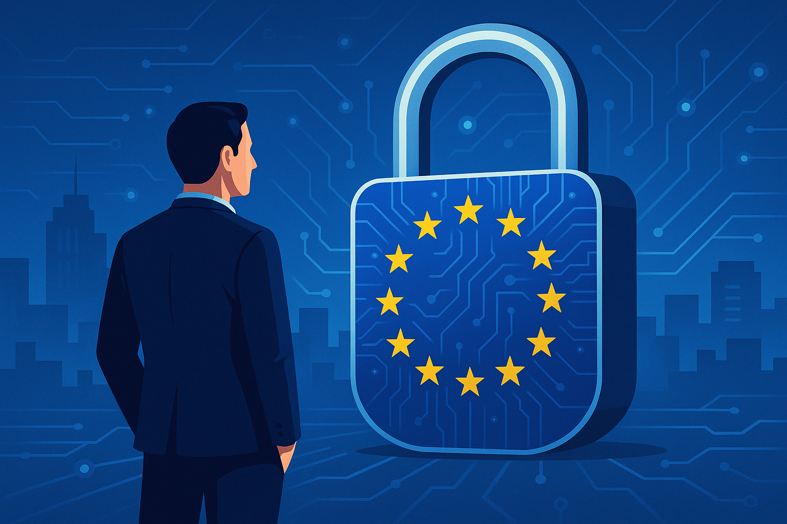 Ilustración de un empresario observando un candado digital con la bandera de la Unión Europea, símbolo del cumplimiento y la confianza digital bajo las normativas NIS2 y DORA.