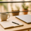 Fotografía de una taza de café y un cuaderno junto a un portátil cerrado en una terraza luminosa, símbolo del slow entrepreneurship y del nuevo lujo del tiempo.