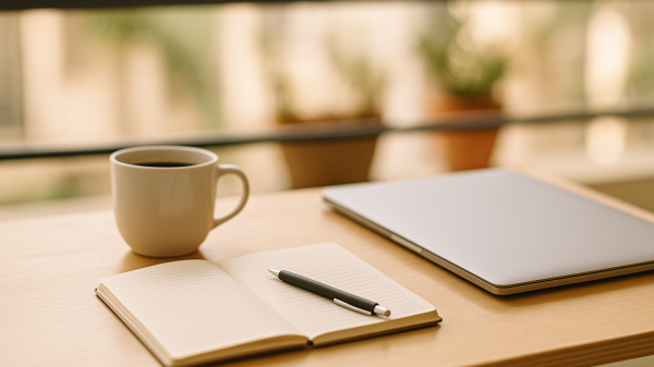Fotografía de una taza de café y un cuaderno junto a un portátil cerrado en una terraza luminosa, símbolo del slow entrepreneurship y del nuevo lujo del tiempo.