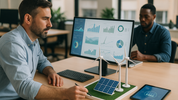 Dos ingenieros jóvenes analizan una maqueta de sistema energético sostenible en un entorno de oficina luminosa. Sobre la mesa se observan maquetas de paneles solares y esquemas de diseño, representando el espíritu innovador de las startups que impulsan la descarbonización.
