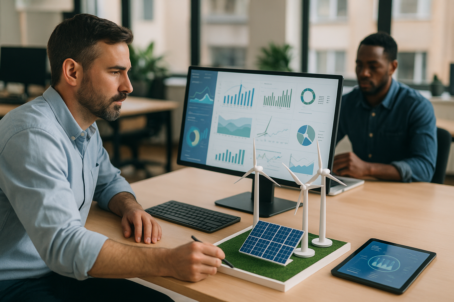 Dos ingenieros jóvenes analizan una maqueta de sistema energético sostenible en un entorno de oficina luminosa. Sobre la mesa se observan maquetas de paneles solares y esquemas de diseño, representando el espíritu innovador de las startups que impulsan la descarbonización.