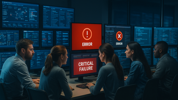Fotografía realista de cuatro ingenieros informáticos en una oficina tecnológica, observando varias pantallas con gráficos, código y alertas de error en rojo. Simboliza el impacto de la caída de Amazon Web Services (AWS) y la dependencia global de la nube centralizada.
