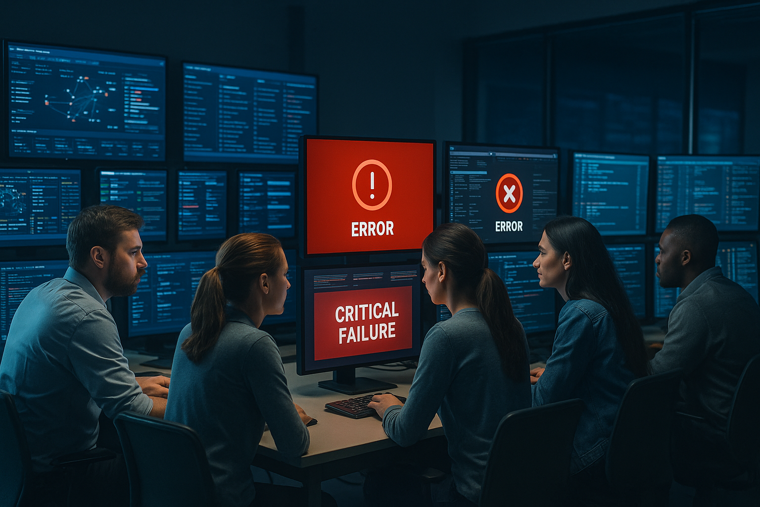 Fotografía realista de cuatro ingenieros informáticos en una oficina tecnológica, observando varias pantallas con gráficos, código y alertas de error en rojo. Simboliza el impacto de la caída de Amazon Web Services (AWS) y la dependencia global de la nube centralizada.