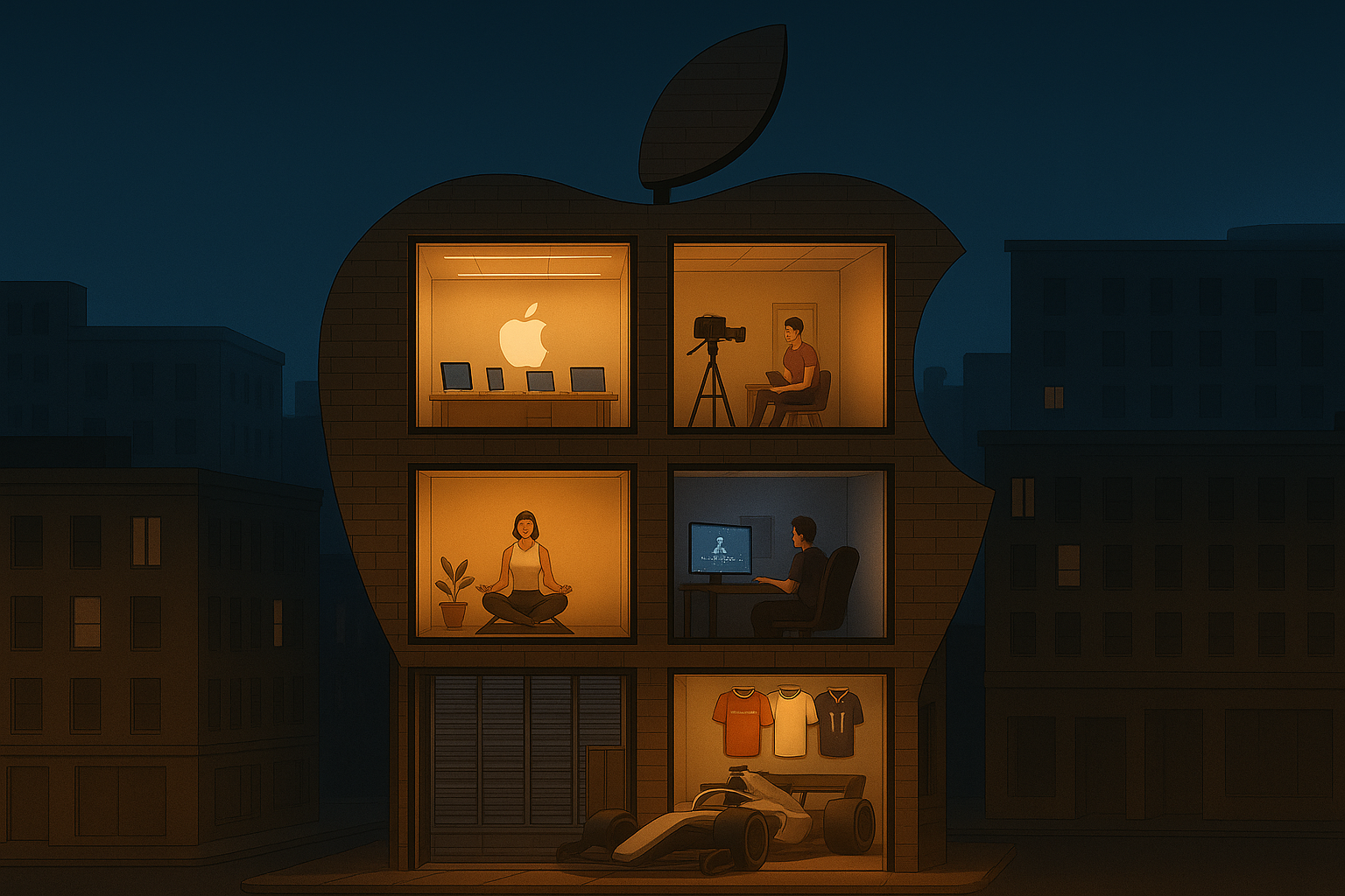 Ilustración nocturna de un edificio con forma de manzana donde cada piso representa una faceta del ecosistema de Apple: una tienda tecnológica, una grabación audiovisual, una clase de yoga, una zona de videojuegos, un centro de datos y un coche de competición en la planta baja.