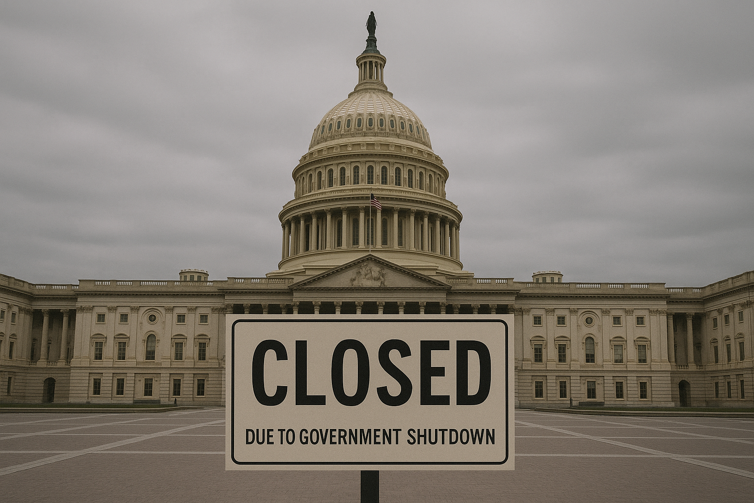 El Capitolio de Estados Unidos con un cartel de “Closed due to government shutdown”, simbolizando el cierre gubernamental.