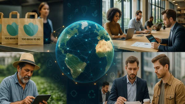 Collage que muestra a emprendedores, agricultores, equipos tecnológicos e iniciativas sostenibles de distintas partes del mundo, representando a startups como Too Good To Go, EthicHub, Norrsken, Ship2B y Creas, unidas por la innovación de impacto social y ambiental.
