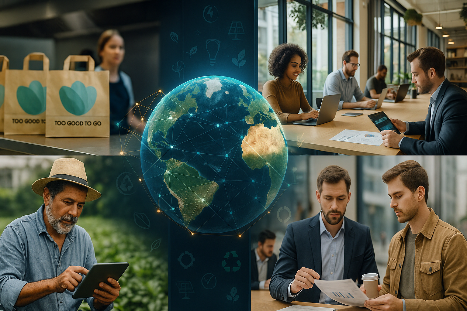 Collage que muestra a emprendedores, agricultores, equipos tecnológicos e iniciativas sostenibles de distintas partes del mundo, representando a startups como Too Good To Go, EthicHub, Norrsken, Ship2B y Creas, unidas por la innovación de impacto social y ambiental.