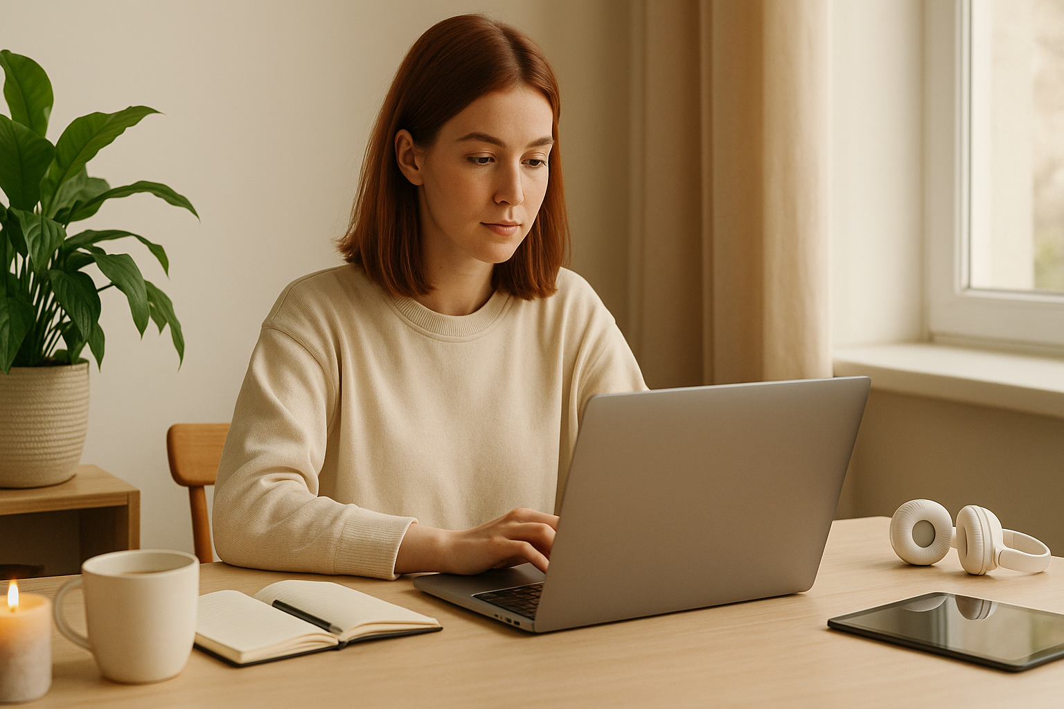 Una joven emprendedora trabaja concentrada frente a su portátil en un escritorio ordenado y lleno de luz natural. A su alrededor hay una taza, una planta y materiales de trabajo que transmiten serenidad. La escena representa la nueva generación que combina tecnología, propósito y bienestar.