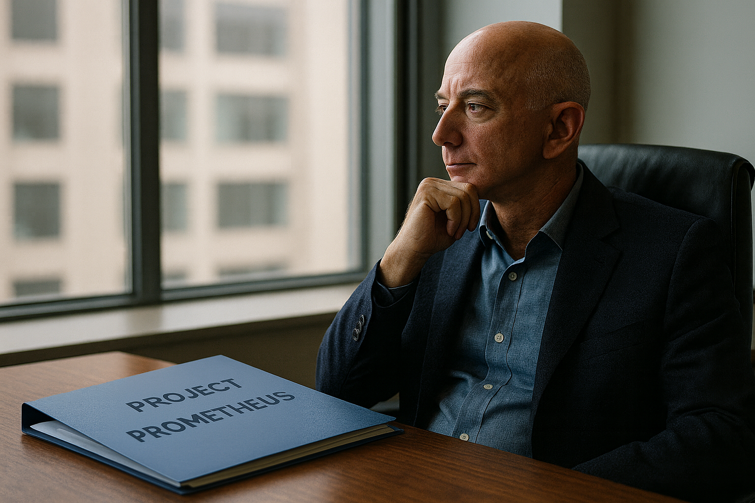 Jeff Bezos sentado en una oficina moderna, mirando por la ventana con gesto pensativo, frente a una carpeta azul abierta con el título “Project Prometheus”.