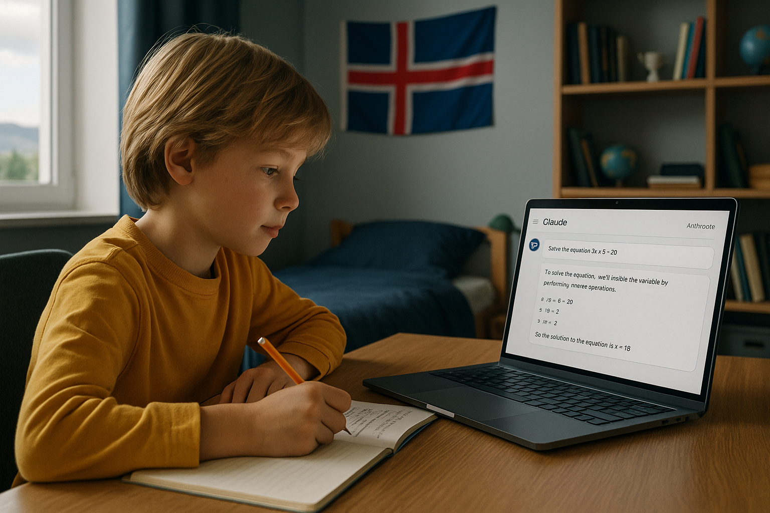 Niño islandés haciendo los deberes con un chatbot de Claude abierto en su portátil