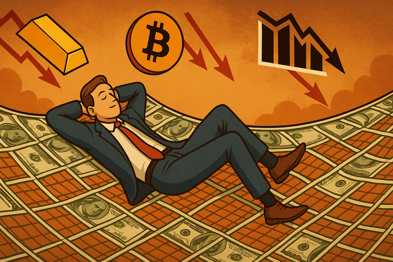 Un inversor aparece relajado sobre una red formada por billetes de dólar, mientras oro, Bitcoin y las bolsas caen representados con flechas rojas descendentes.