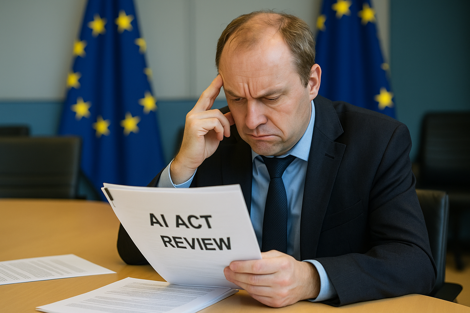 Funcionario de la Unión Europea revisando un documento titulado “AI Act Review” con gesto de frustración, en una sala oficial con banderas de la UE al fondo.