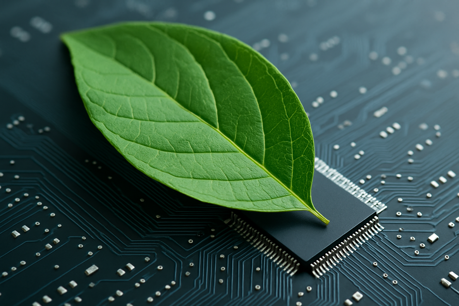Hoja verde colocada sobre un microchip en una placa electrónica, simbolizando la unión entre biología y tecnología en la bioeconomía.