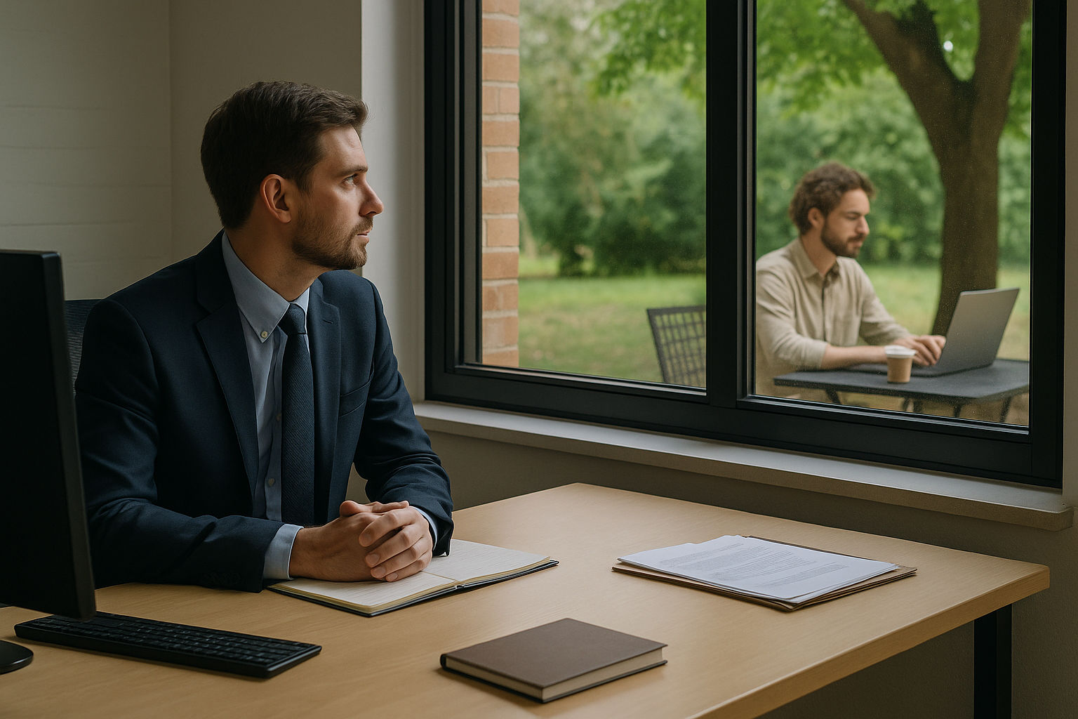 Empleado en una oficina tradicional mirando por la ventana a otra persona trabajando con un portátil bajo un árbol en el exterior.