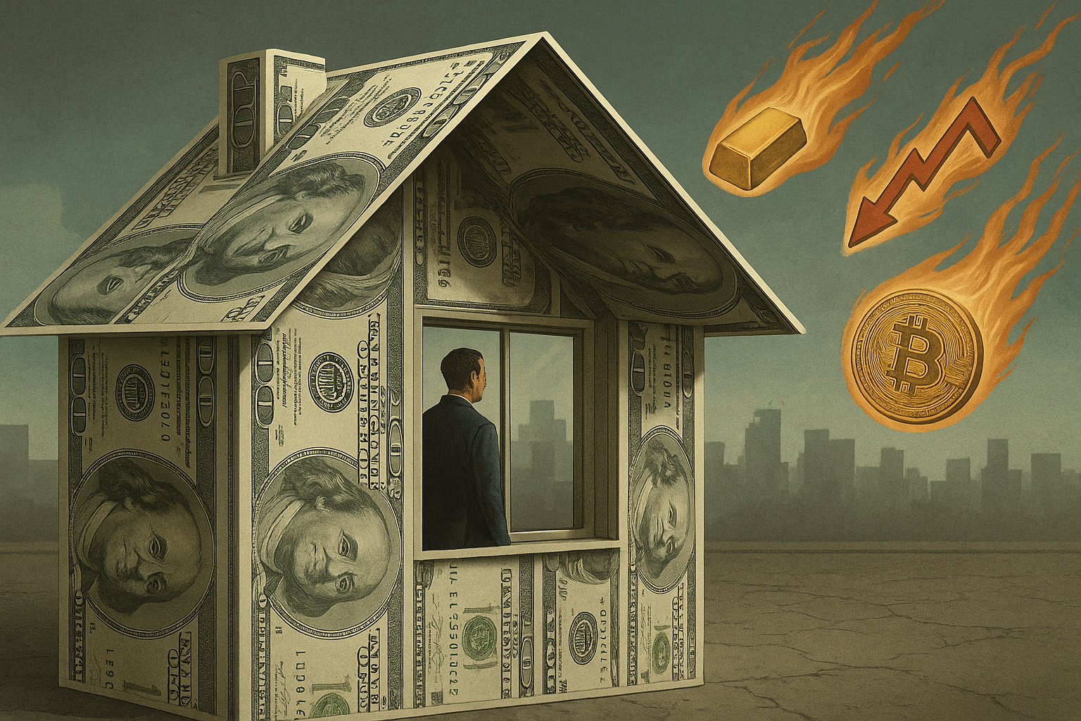 Ilustración de un inversor dentro de una casa construida con billetes de dólar, mirando por la ventana cómo oro, Bitcoin y acciones caen del cielo como meteoritos.