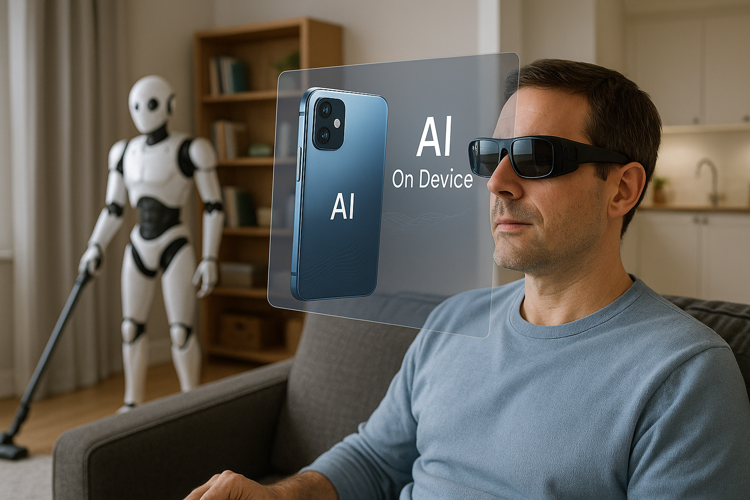 Persona usando gafas de realidad aumentada mientras un robot humanoide limpia la casa y en la pantalla virtual aparece un móvil con la etiqueta “AI On Device”, representando la integración cotidiana de la inteligencia artificial en 2026.