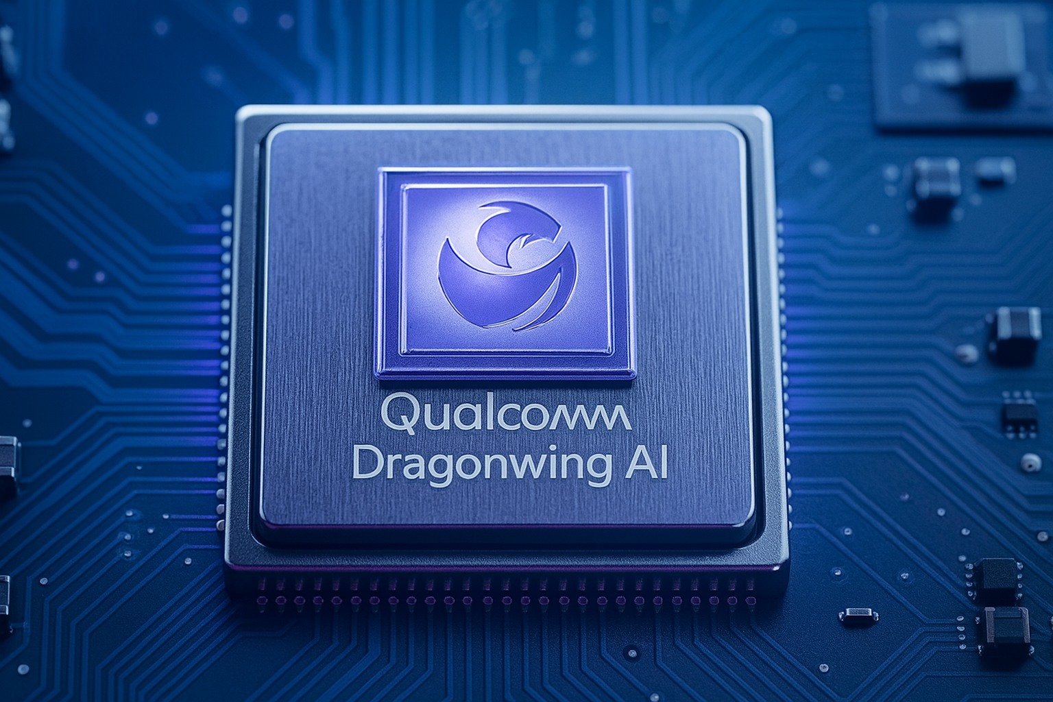 Microchip Qualcomm Dragonwing AI con el logo oficial en su superficie, colocado sobre una placa electrónica azul en primer plano.