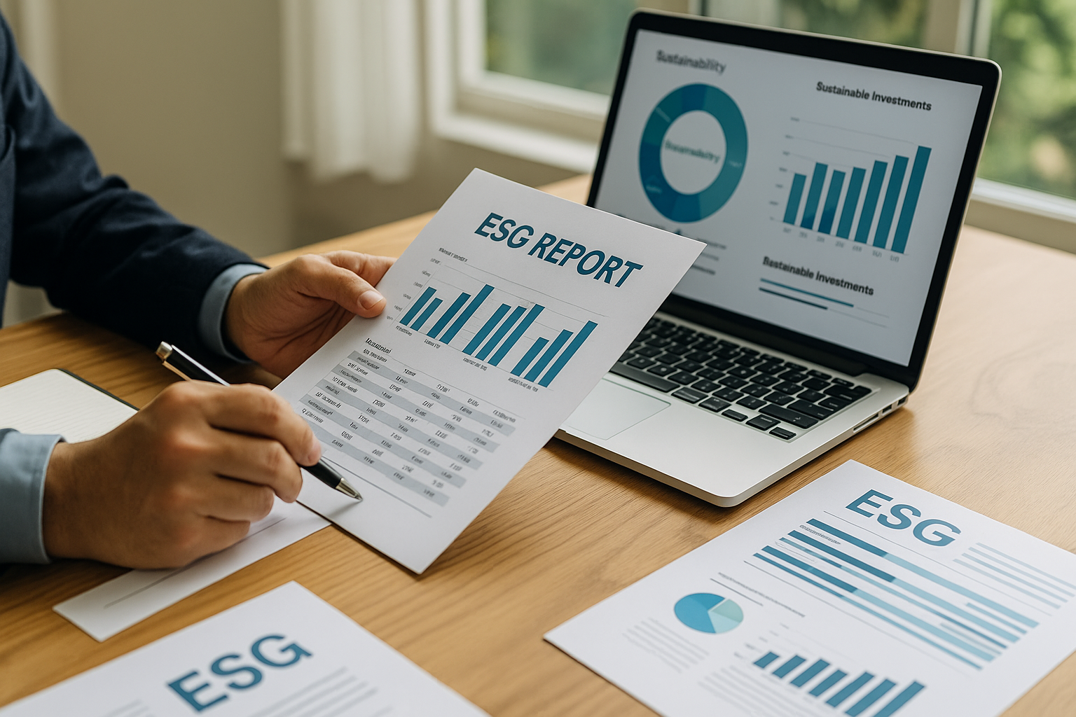 Persona analizando un informe ESG con gráficos financieros en una mesa de trabajo junto a un portátil.
