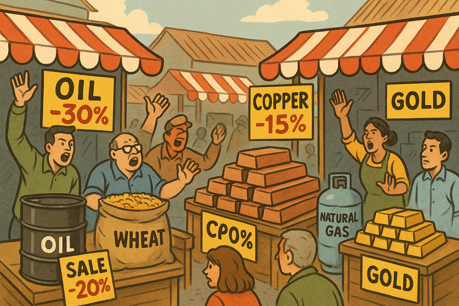 Ilustración editorial satírica de un mercadillo donde se venden materias primas como petróleo, trigo, cobre y gas con descuentos, mientras el oro mantiene su valor.