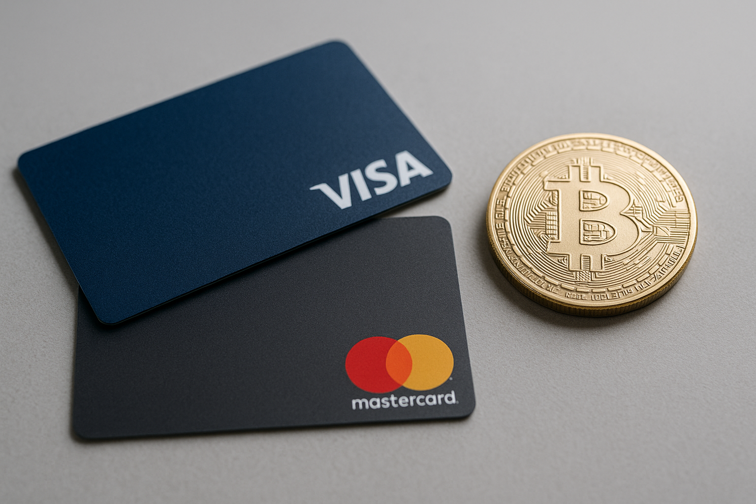 Tarjetas de crédito de Visa y Mastercard junto a una moneda dorada de bitcoin sobre fondo neutro.