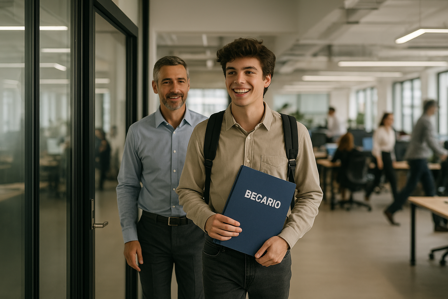 Fotografía de un joven en prácticas entrando en una oficina moderna acompañado por su tutor, con empleados trabajando al fondo.