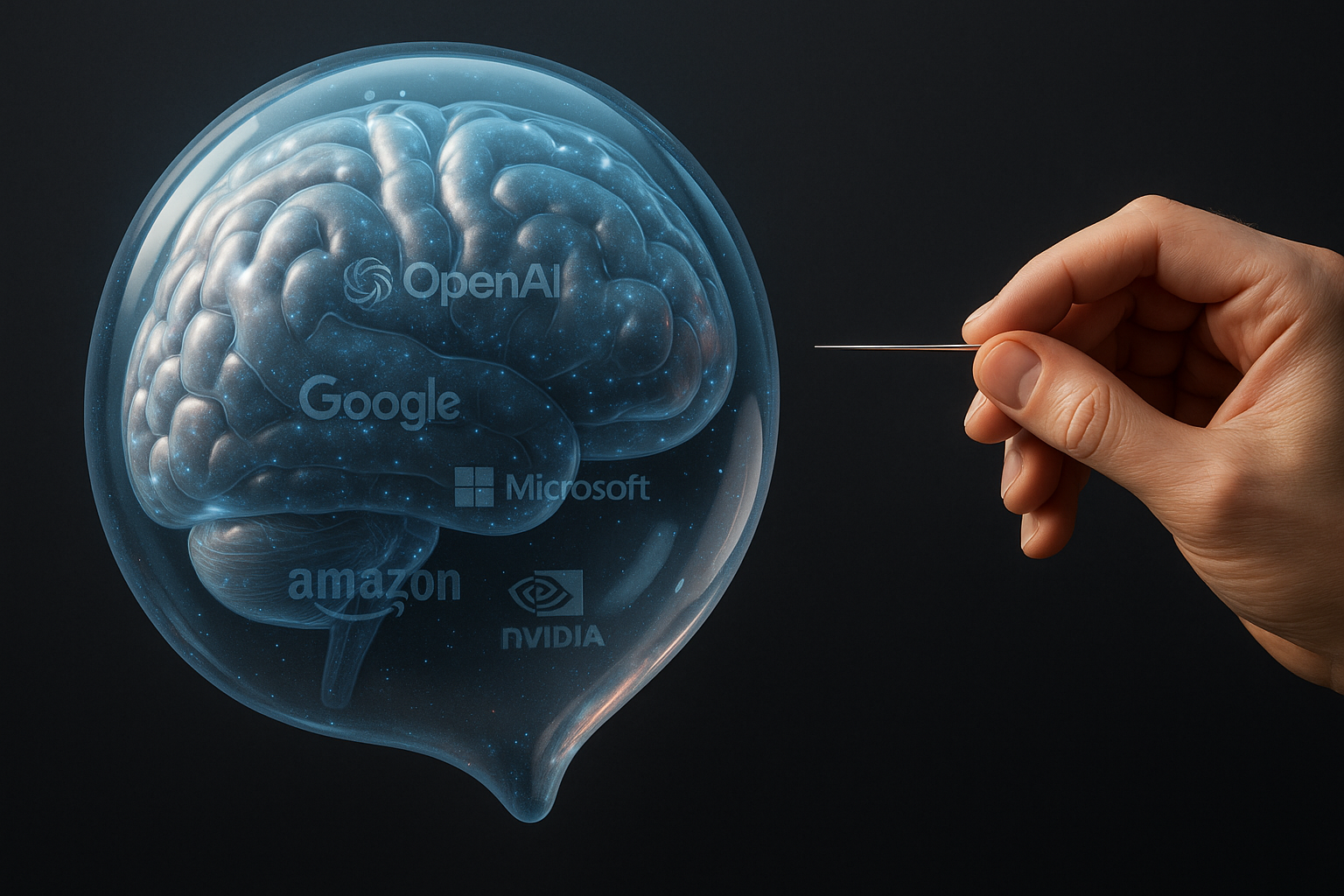 Burbuja con forma de cerebro a punto de ser pinchada por una aguja, con logotipos de compañías de inteligencia artificial en su interior.