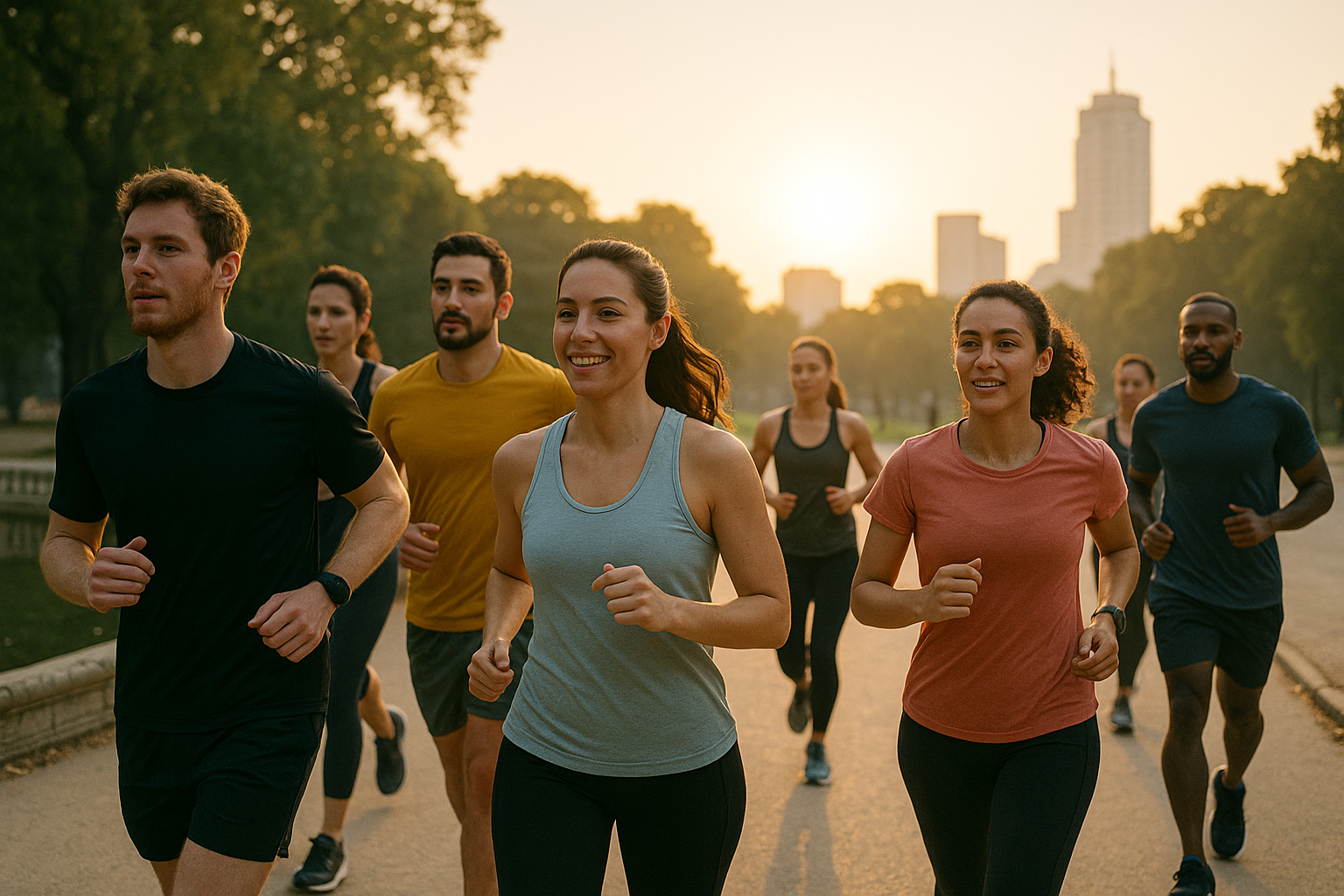 Grupo de corredores entrenando juntos por El Retiro al amanecer.