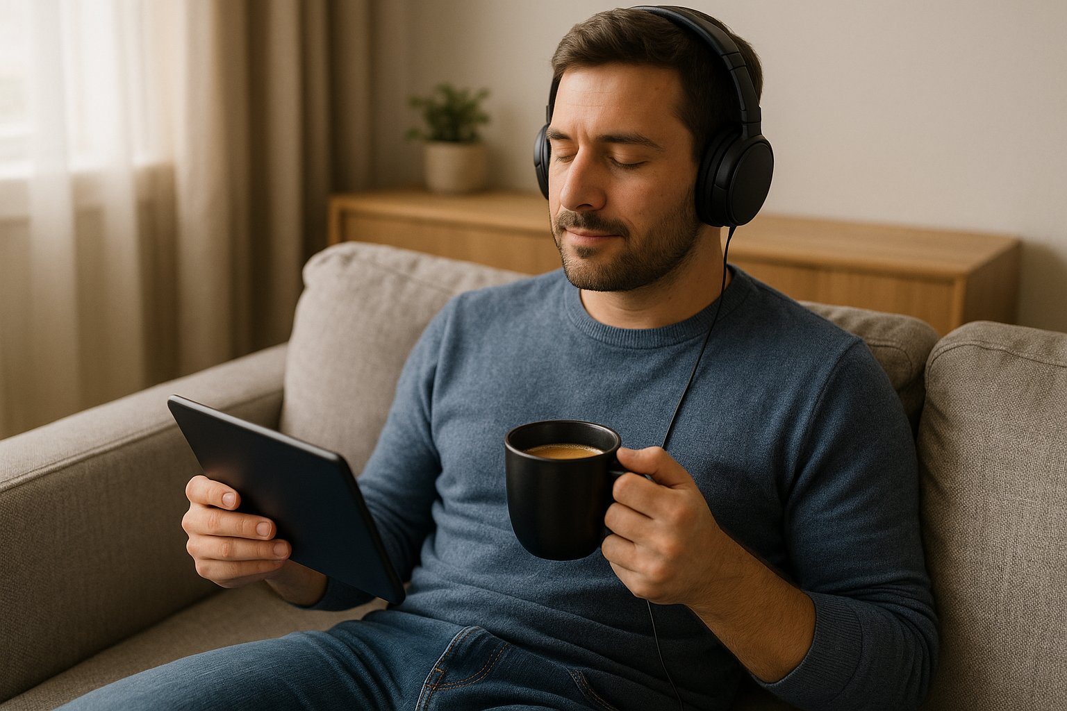 Hombre escuchando un podcast con auriculares mientras toma café y mira una tablet.