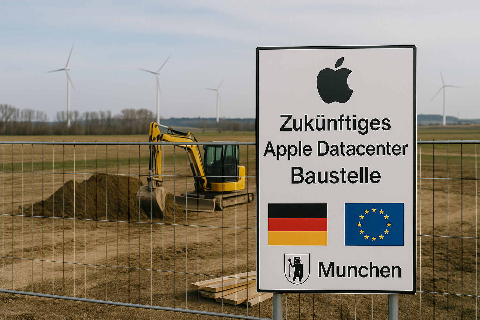 Obras en un campo a las afueras de Múnich con un cartel oficial que anuncia el futuro centro de datos de Apple, acompañado de las banderas de Alemania y la Unión Europea.