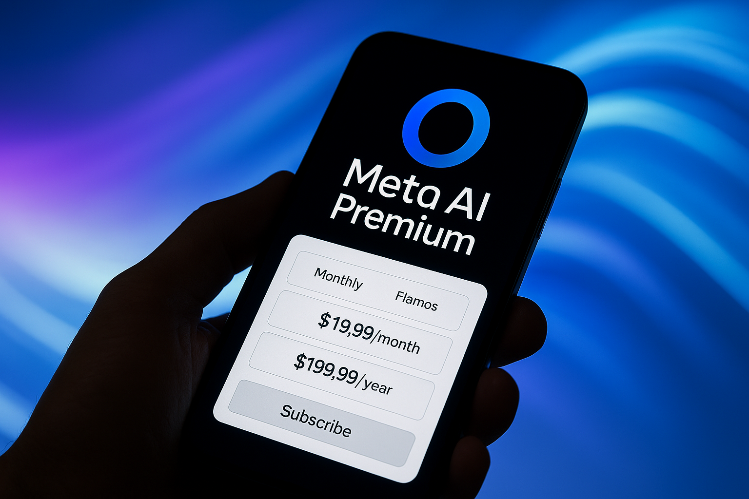 Un smartphone sostenido por una mano muestra la pantalla de Meta AI Premium con diferentes opciones de suscripción, sobre un fondo abstracto en tonos azules y morados.
