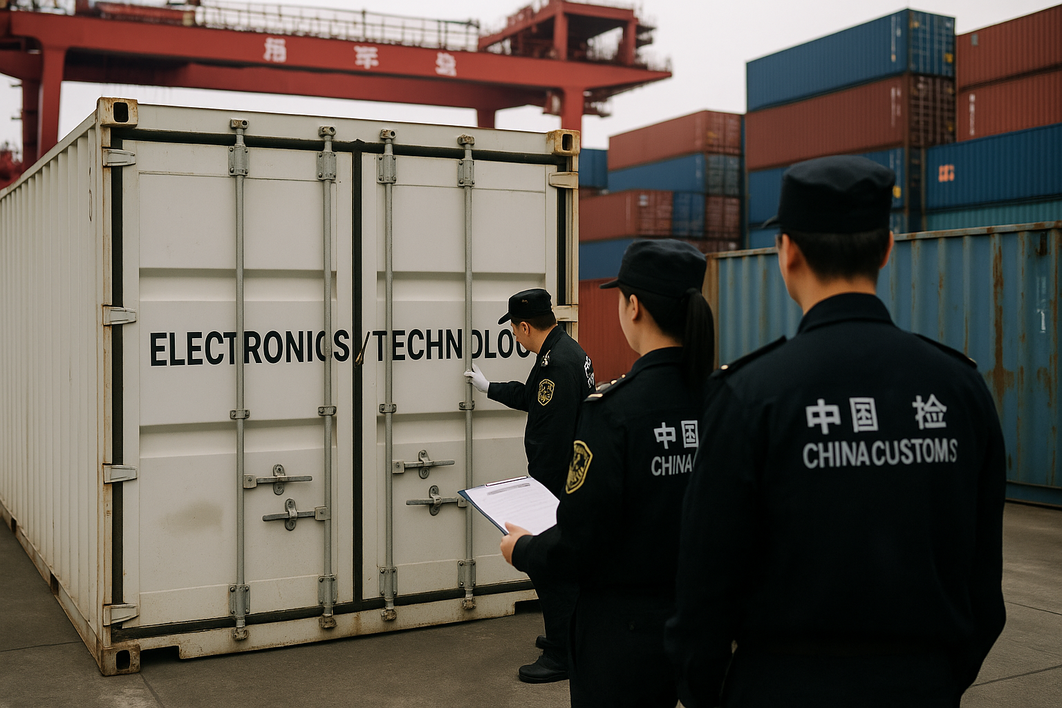Oficiales de aduanas de China inspeccionan un contenedor marcado como electrónica y tecnología en un puerto lleno de grúas y contenedores.